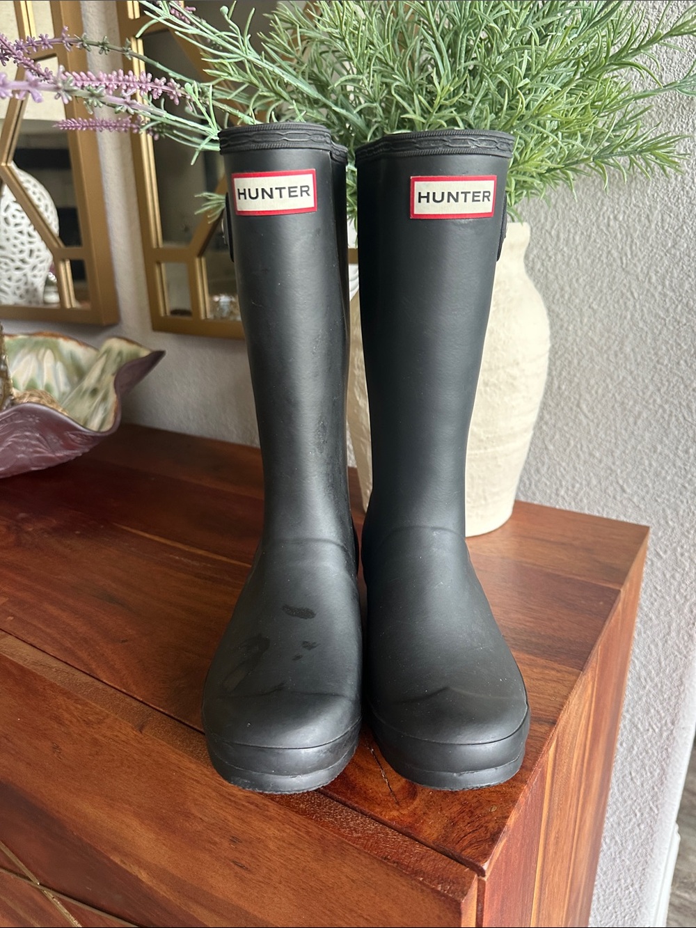 Hunter Black Knee-High Rain Boots with Red Logo Trim
